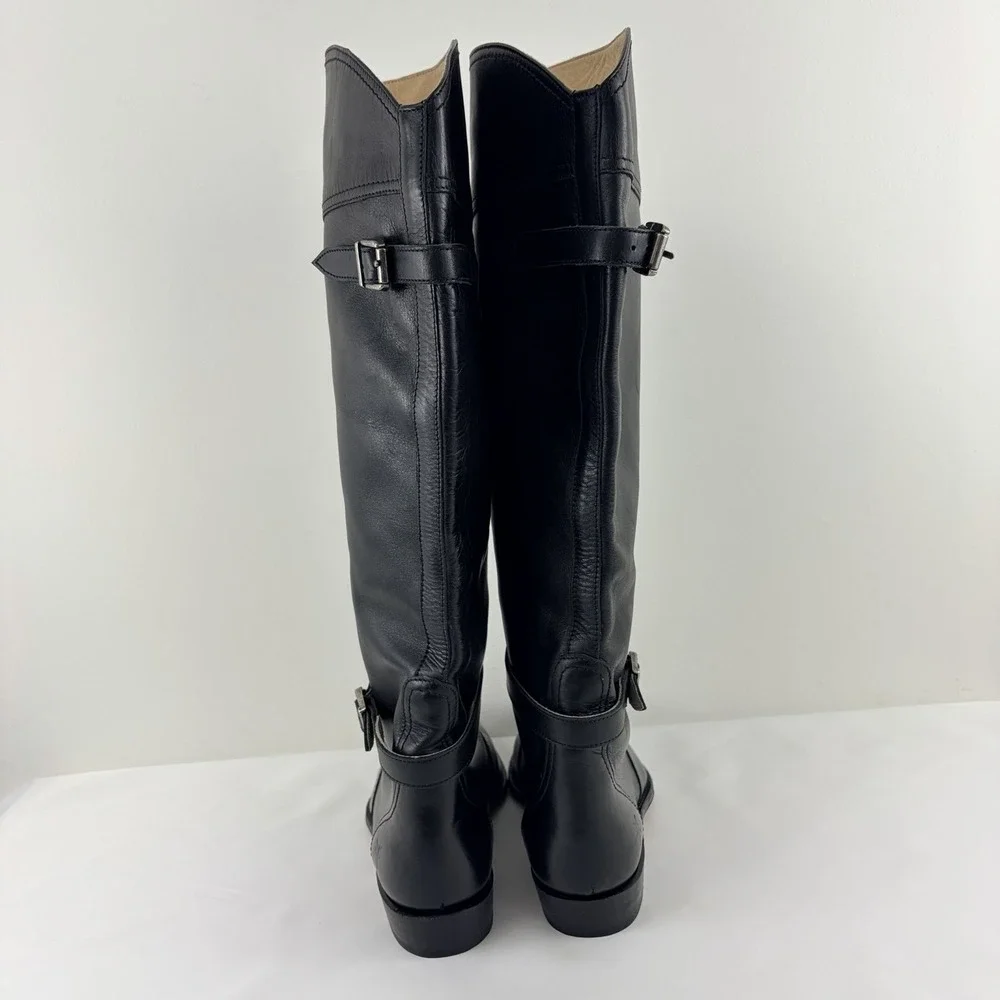 Frye Women Black Leather Riding Boots Knee High Buckle Goodyear Welt Size 6